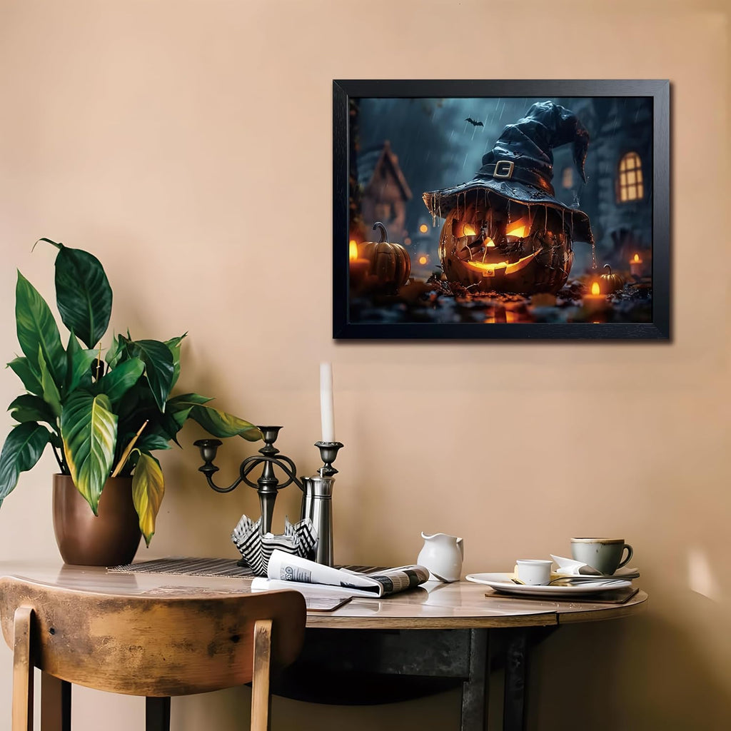 Wood Framed Dark Halloween Pumpkin Wall Art, Gothic Witch Hat Jack-o'-Lantern Canvas Print, Dark Academia Spooky