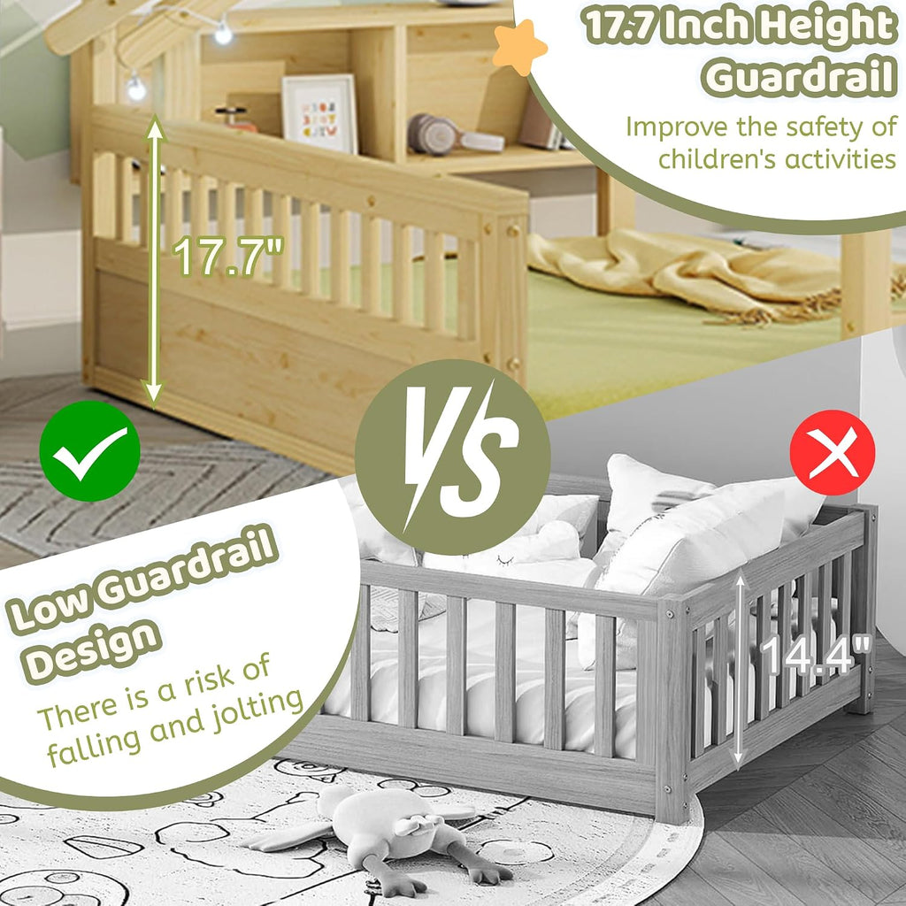 Floor Bed with Storage Bookshelves and Light, Wooden Montessori House Bed Frame with Roof Shape, High