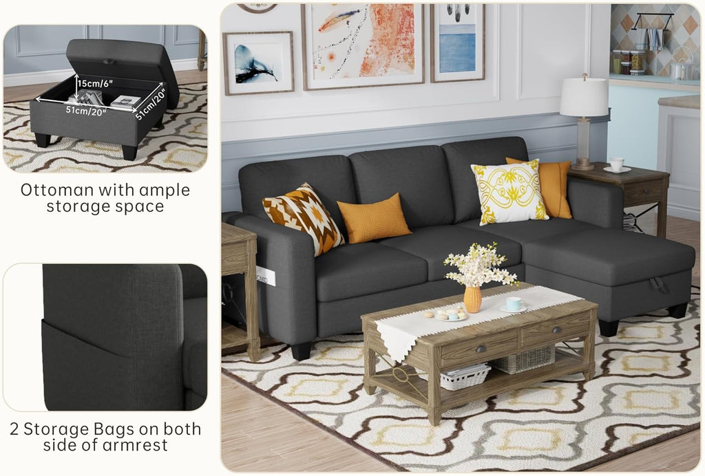 Sectional Couches for Living Room Convertible 78" Small L Shaped Grey Couch 3 Seater Sofas with Storage Removable