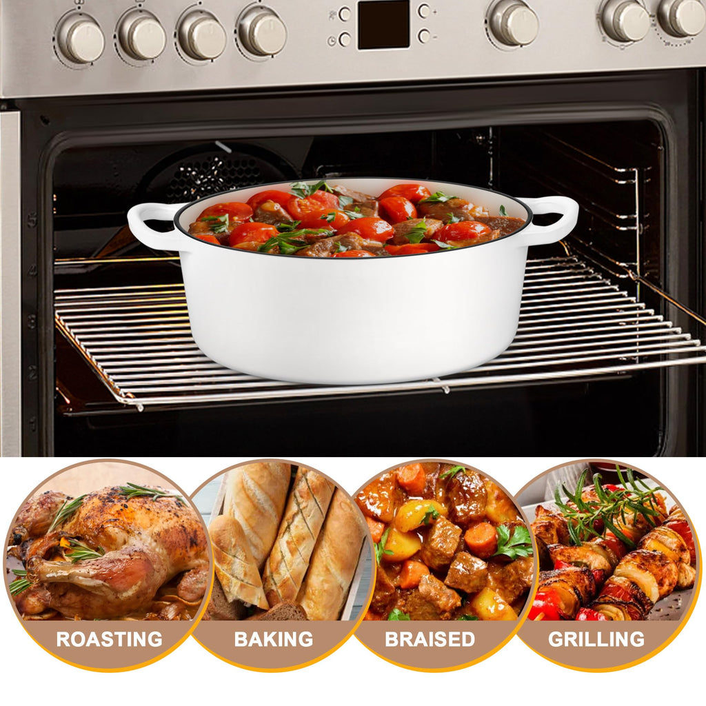 7QT Oval Dutch Oven Pot with Lid, White Enameled Cast Iron Dutch Oven