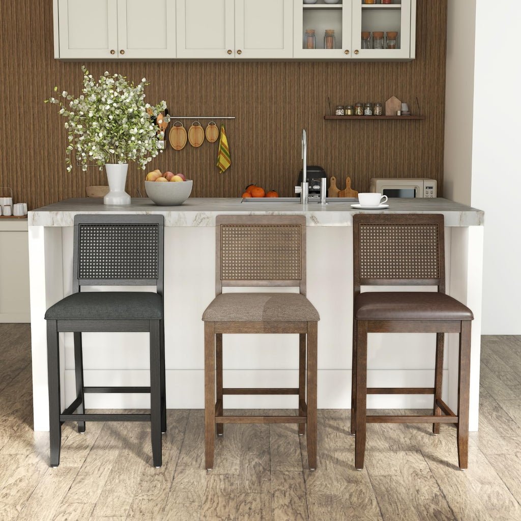 26" Rattan Bar Stools Set of 4, Farmhouse Chenille Upholstered Counter Height Stools with Cane Woven Back, Mid