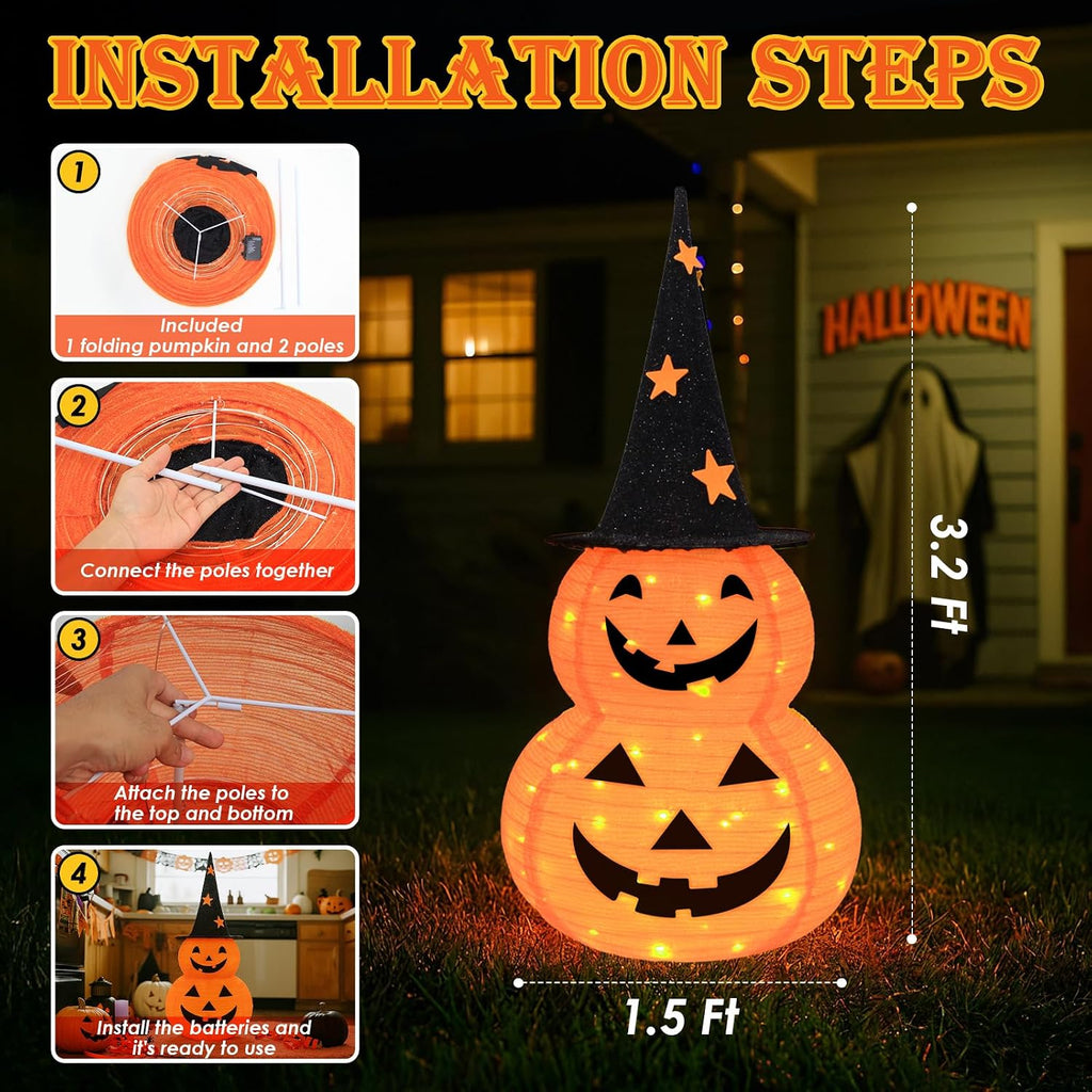 3FT Pumpkin Halloween Decorations Outdoor, 8 Modes Battery Operated Pumpkin Decorations, Collapsible Jack-o-Lantern