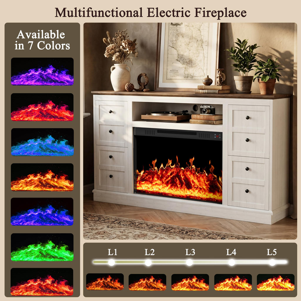 62" Farmhouse Fireplace TV Stand for up to 75" TV, White