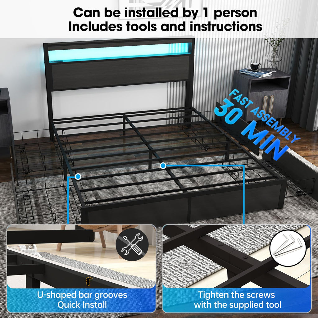 Bed Frame with 2-Tier Storage Headboard and 4 Drawers, Metal Platform Bed Frame with LED & Charging Station, No