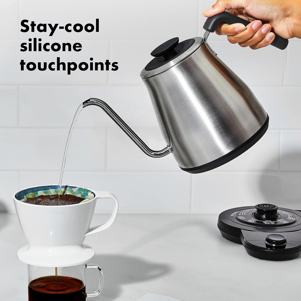 Brew Pour Over Gooseneck Electric Kettle - Stainless Steel | Adjustable Temperature Control, Built-In Timer, Cord