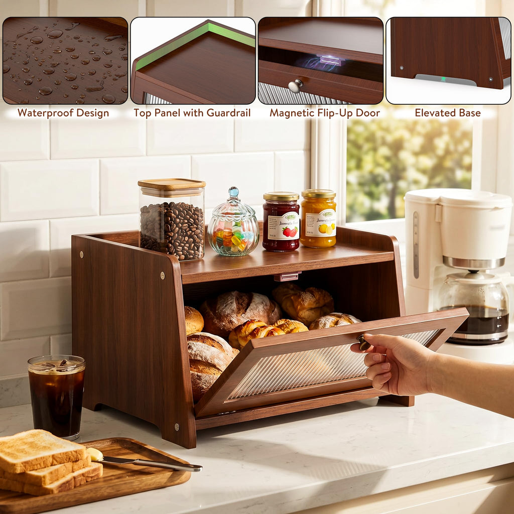 Bread Box - Wooden Countertop with Clear Acrylic View Window