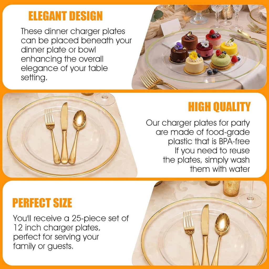 Disposable Gold Charger Plates, 12inch Clear Chargers with Gold Trim - Set of 25