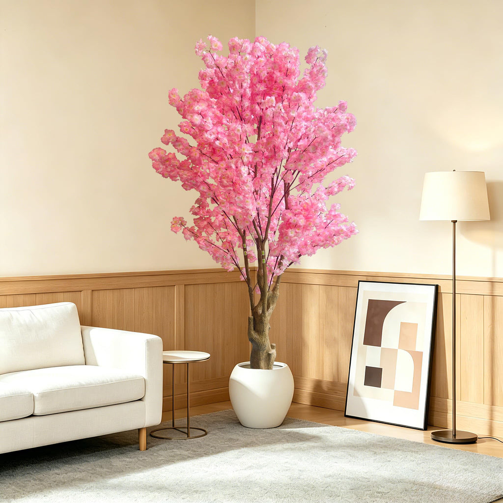 7FT Artificial Cherry Blossom Tree, Pink Faux Blossom Tree with Realistic Stump Trunk, Large Decorative Artificial
