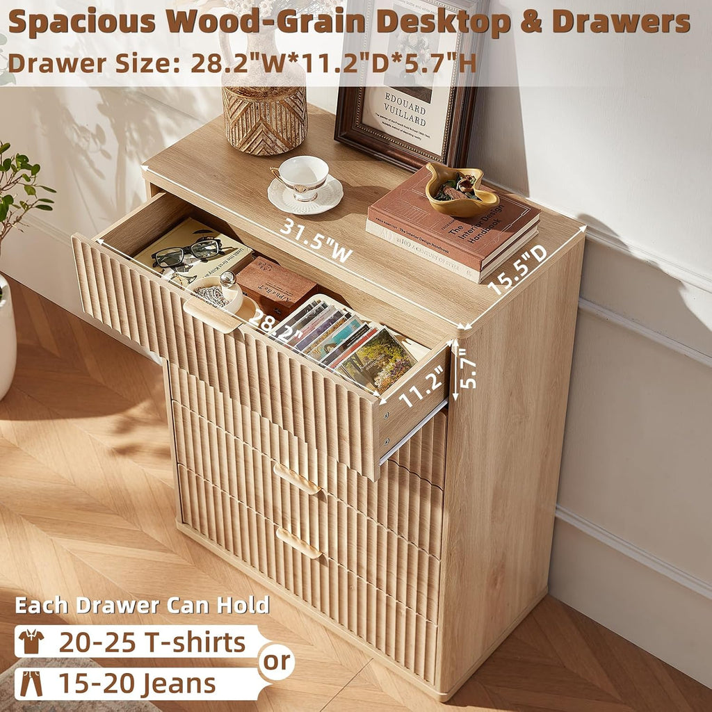Fluted 5 Drawers Dresser , 41" Tall Modern Chest of Drawers with Metal Handle, Curved Profile Design,Natural Wood
