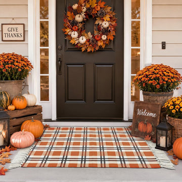 Fall Buffalo Plaid Rug Outdoor Cotton Orange Autumn Rug 28 x 43 Inch