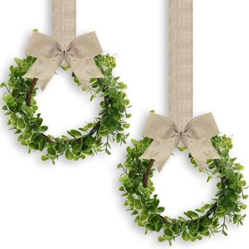 Christmas Kitchen Cabinet Wreath Boxwood Garland with Ribbon Greenery Garland Hanging Wreaths for Cabinet Wall - Set of 2