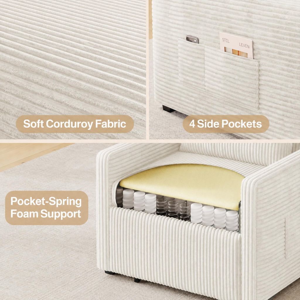 75.2" Sleeper Chair Pull Out Bed, 3 in 1 Corduroy Sleeper, Beige