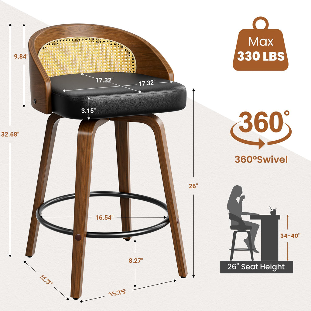 Bar Stools Set of 6, 26" Counter Height Stools with Rattan Back