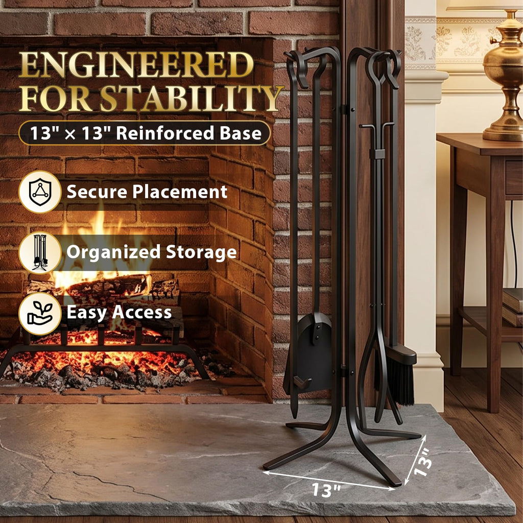 Hand Forged Fireplace Tool Set with Stand, Wrought Iron 5 Piece 28 Inch Steel Fire Tools, Poker Tongs Shovel Brush