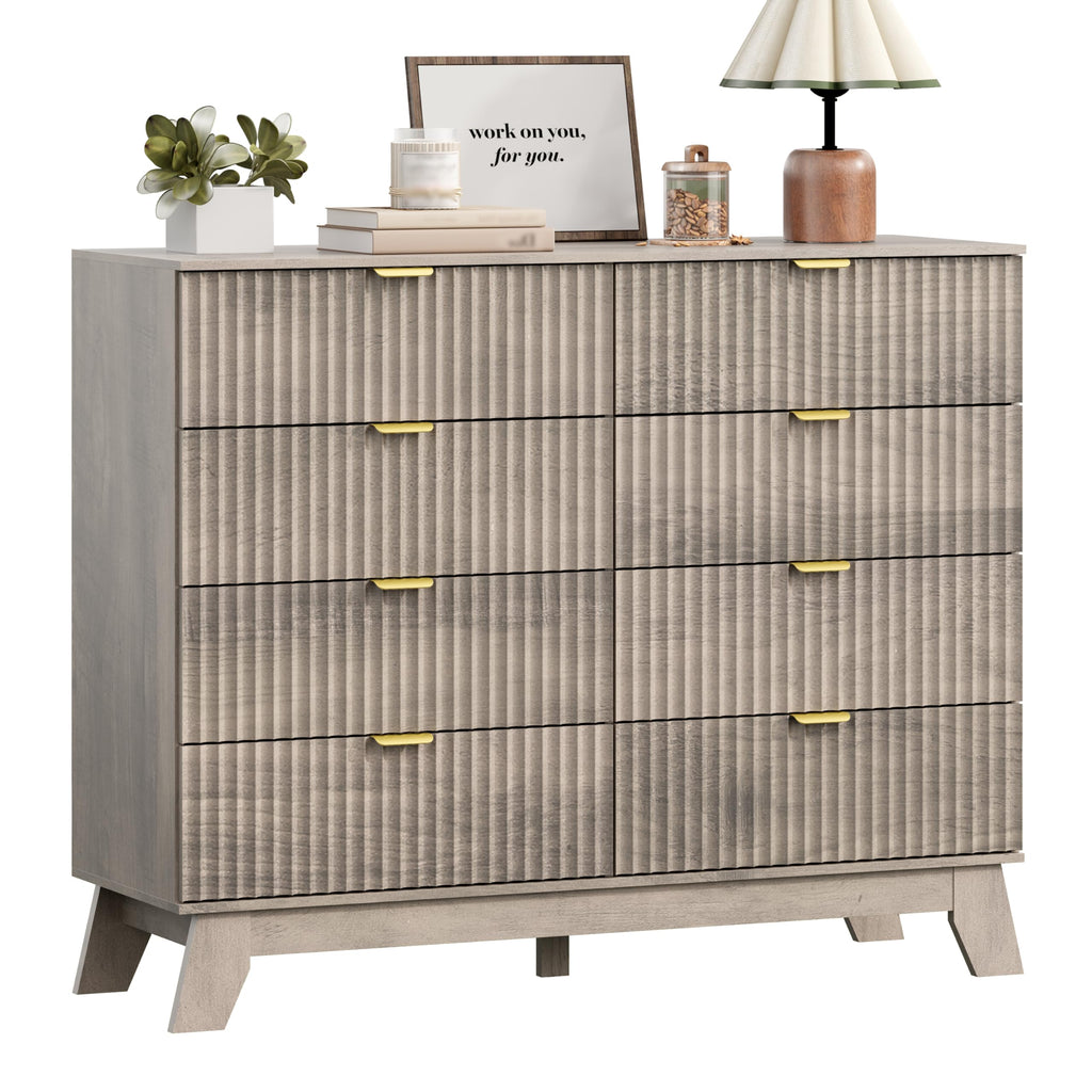 8 Drawer Fluted Dresser, Mid Century Modern Wooden Dresser with 8 Drawers, Dressers & Chests of Drawers with Metal
