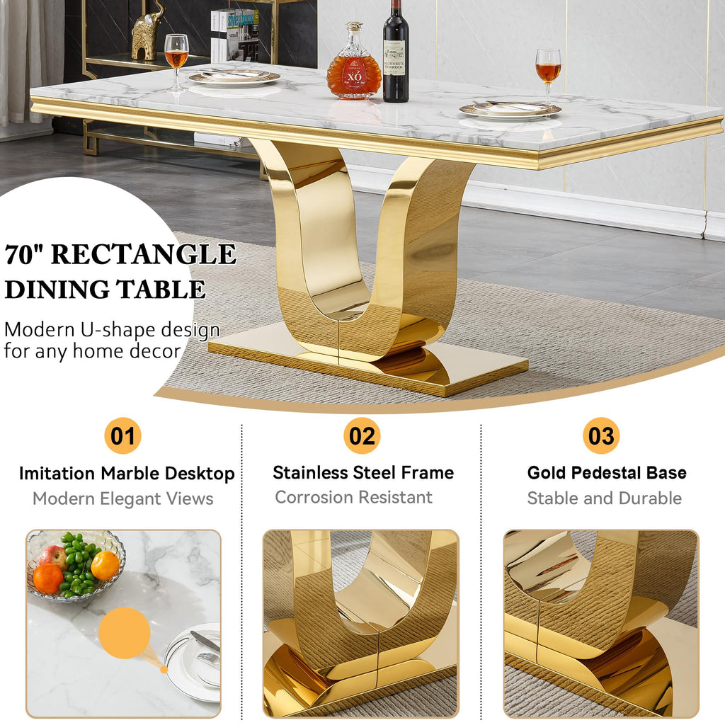 7 Piece Faux Marble Dining Table Set for 6, 70" White Gold Kitchen Table Set with U-Shape Stainless Steel Base