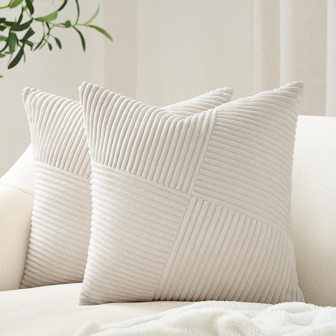 Cream White Decorative Neutral Throw Pillow Covers 18x18 Inch, Soft Corduroy Striped Patchwork Windmill Textured