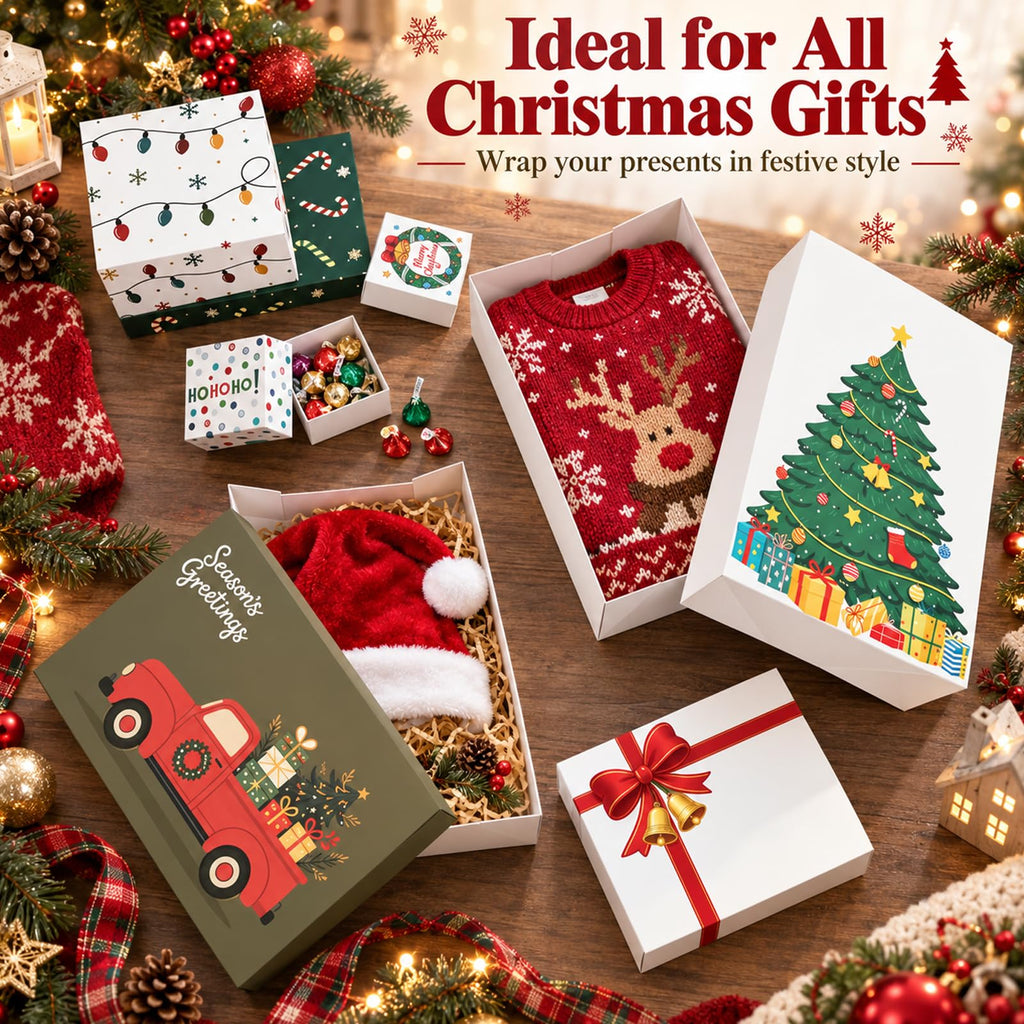20 Pack Christmas Gift Boxes with Lids, 5 Sizes, 20 Festive Designs