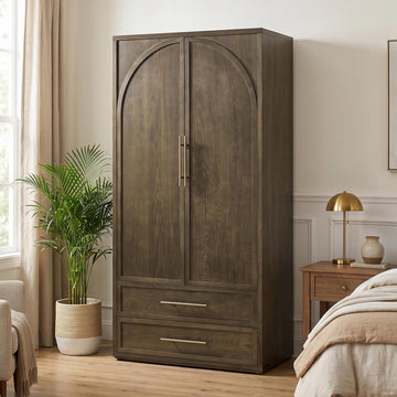 Solid Wood Armoire Wardrobe with Drawers, Storage Cabinet with Arched Doors