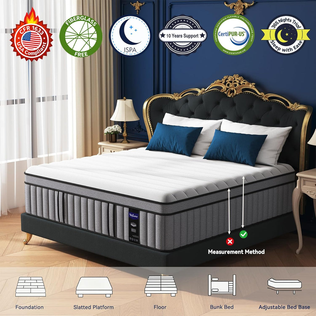 Upgraded Luxury 14 Inch California King Size Hybrid Mattress, Medium Firm | Memory Foam & Pocket Springs, Reinforced