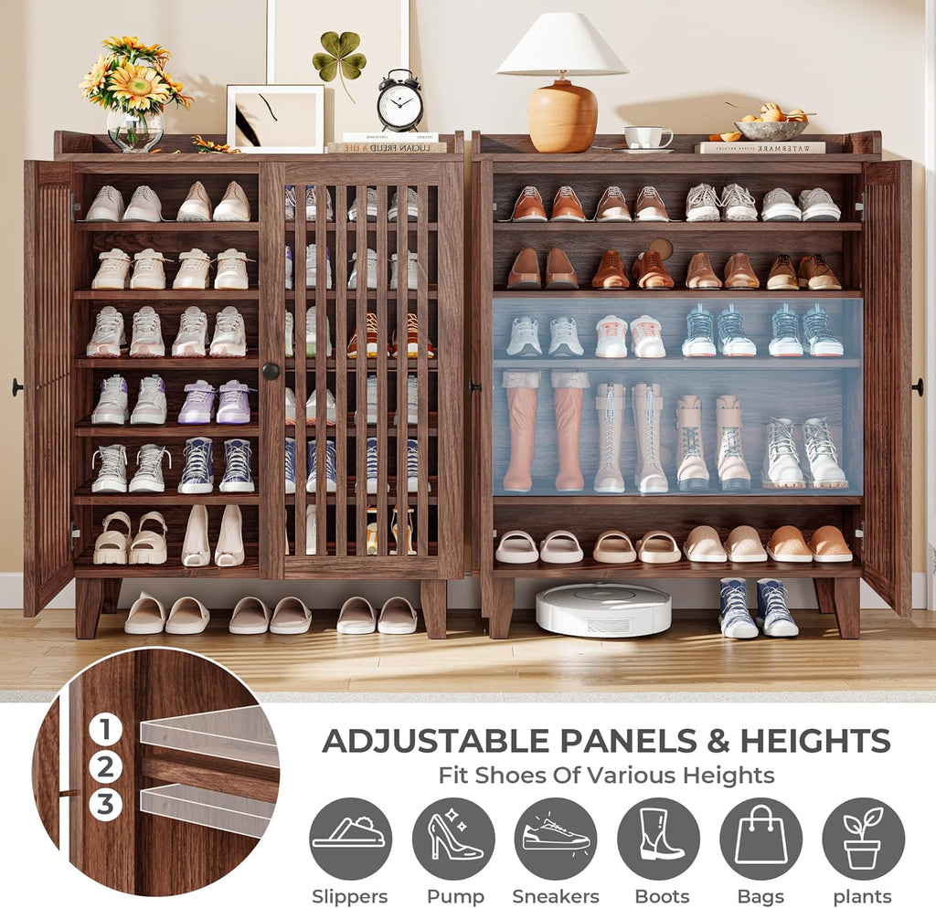 Shoe Cabinet with Slatted Doors, 6-Tier Shoe Storage Cabinet with Adjustable Shelves, Wooden Shoe Rack Organizer
