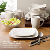 Zen Buffet White Porcelain Dinnerware Set for 4, Square Plates Bowls and Mugs, Chip and Scratch Resistant