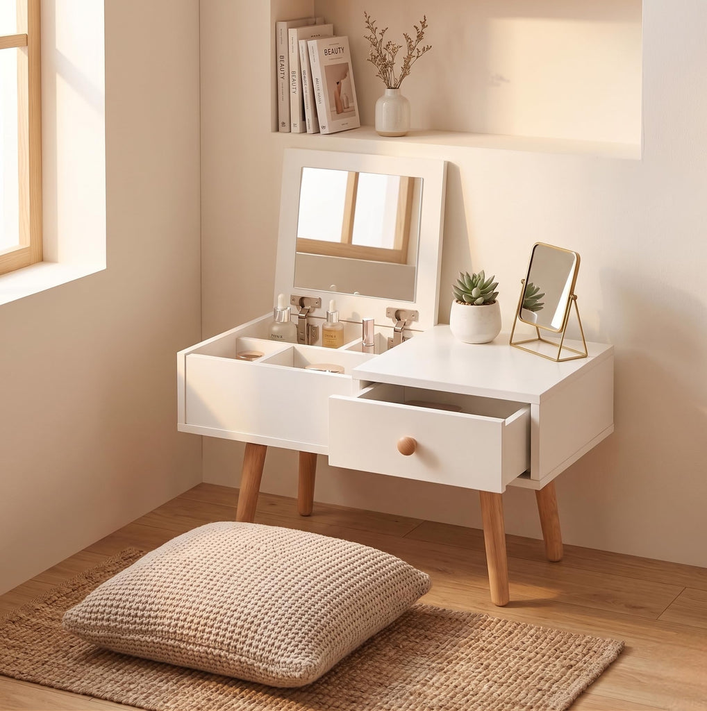 2-in-1 Floor Makeup Vanity & Nightstand - Modern Low-Profile Dressing Table with Solid Wood Legs - Compact Bedroom