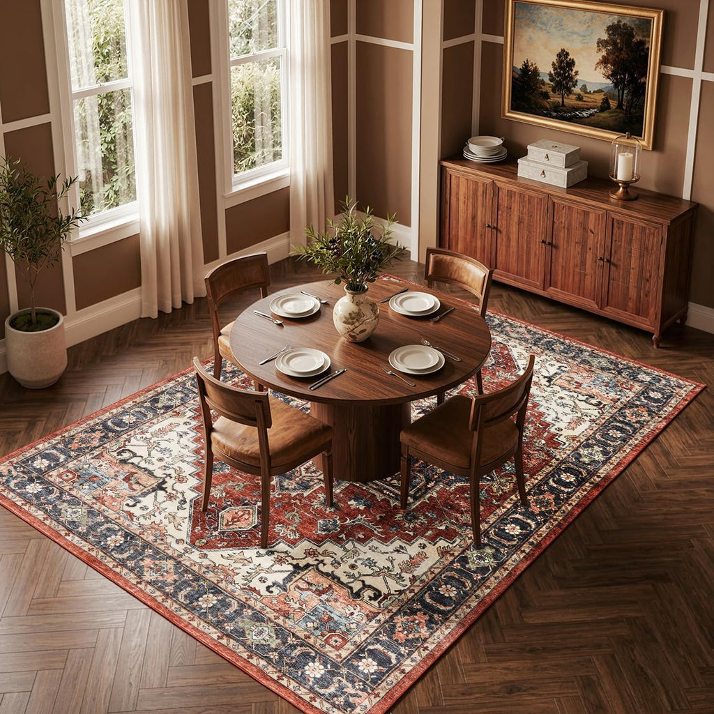 Washable Living Room Rug, Vintage Oriental Medallion, Terra Red