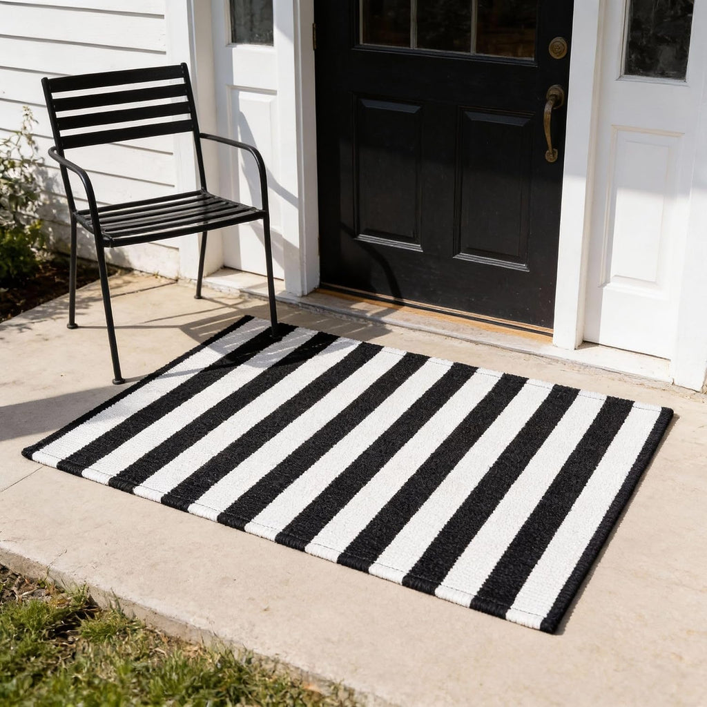 3 Pcs Black and White Striped Rug Buffalo Plaid Outdoor Rug