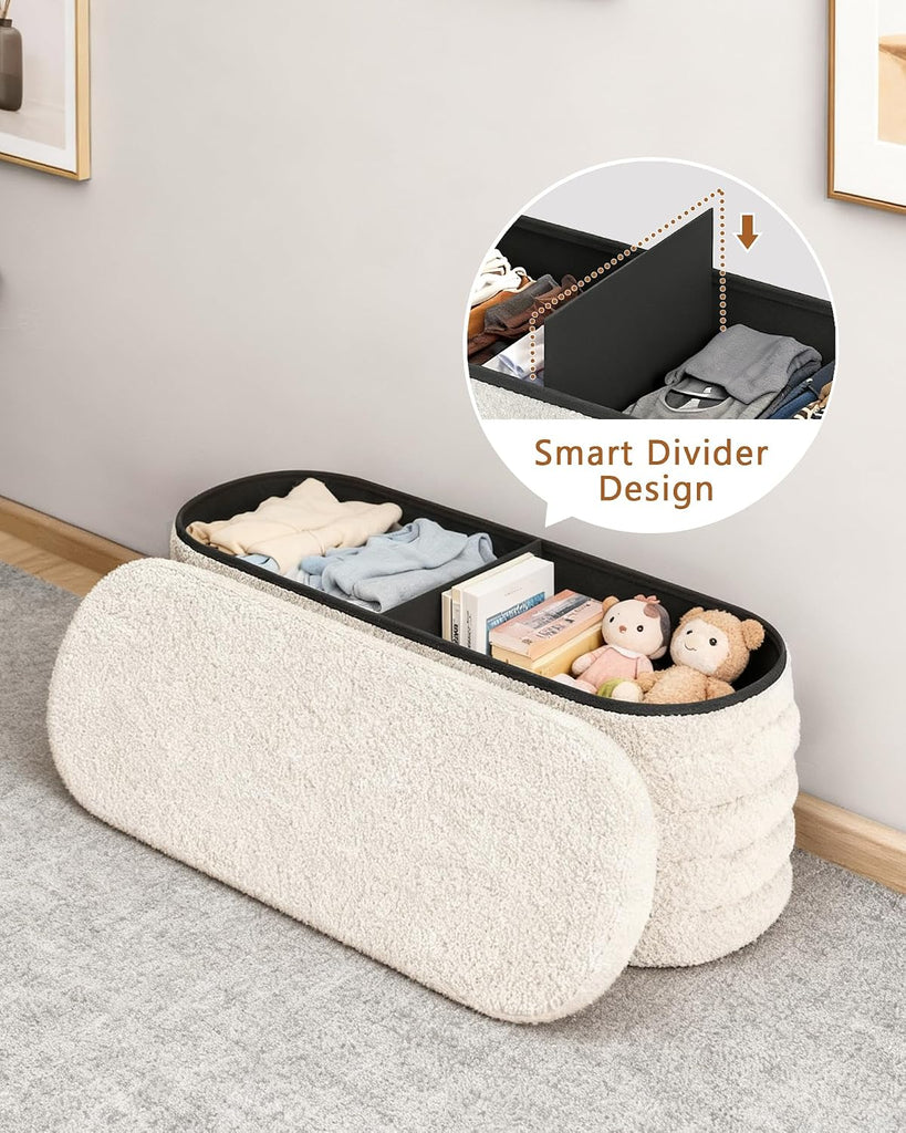 Storage Ottoman Bench, 43" Entryway Shoe Seat, Sherpa White