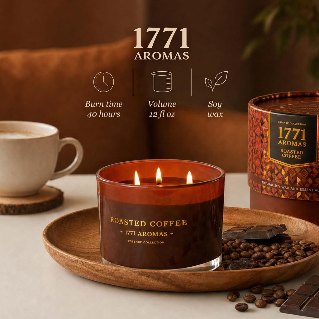 Roasted Coffee Scented Candle - 100% Natural Soy Wax - Large 3 Wick Jar - Up to 40 Hours Burning Time - Aromatherapy