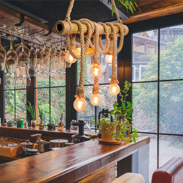6 Heads Hemp Rope Pendant Light, Vintage Bamboo Chandeliers Fixture Kitchen Island, Rustic Industrial Hanging Lamp