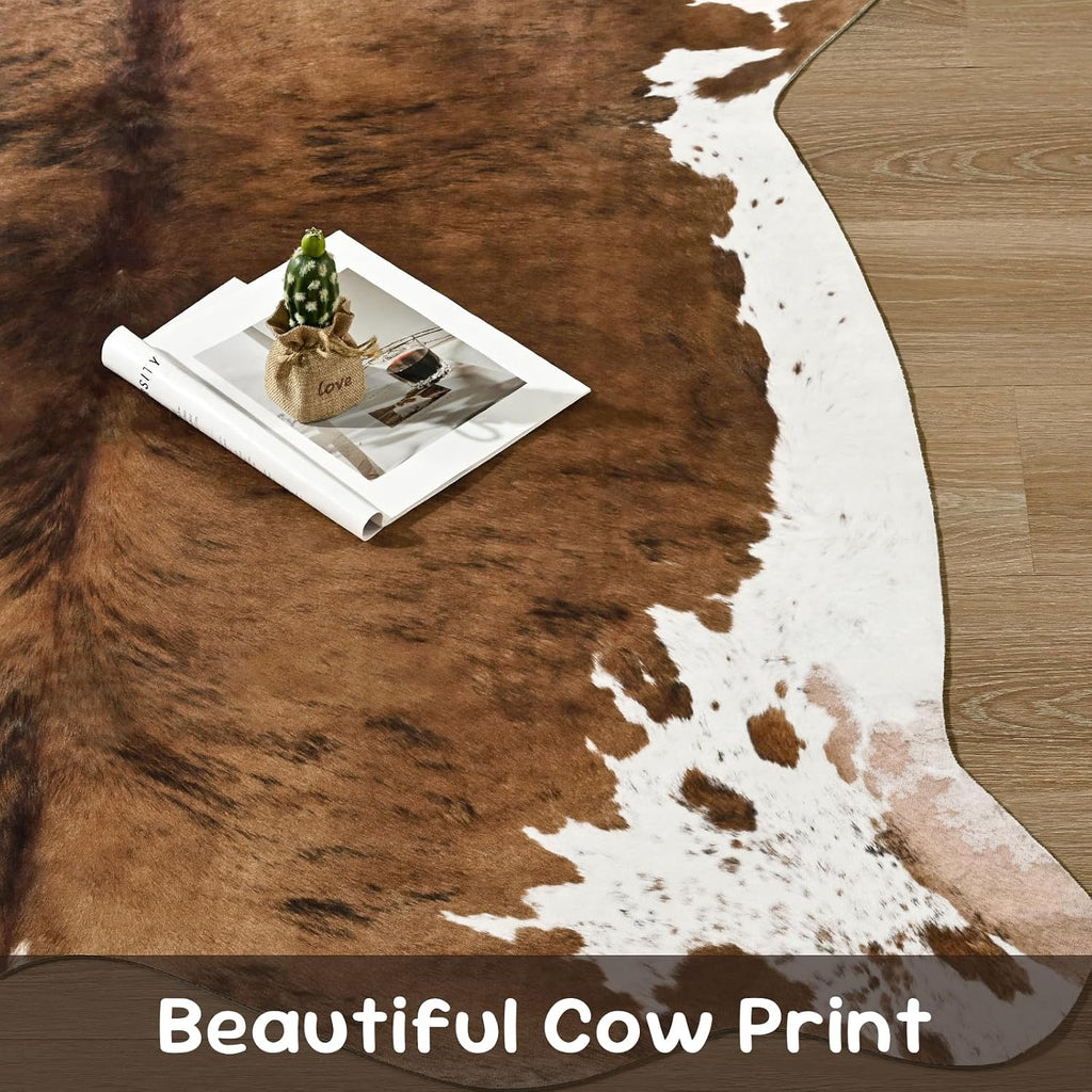 Faux Cowhide Print Rug, Brown Western Animal Cow Hide Rugs, Non Slip Cool Cow Skin Carpet Dining Room