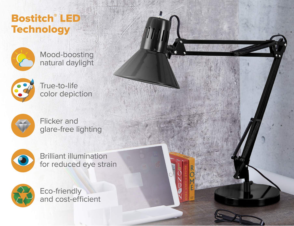 Office VLF100D Swing Arm Desk Lamp, Metal, 36" Reach with Multi-Joint Adjustment, Includes Replaceable LED Bulb