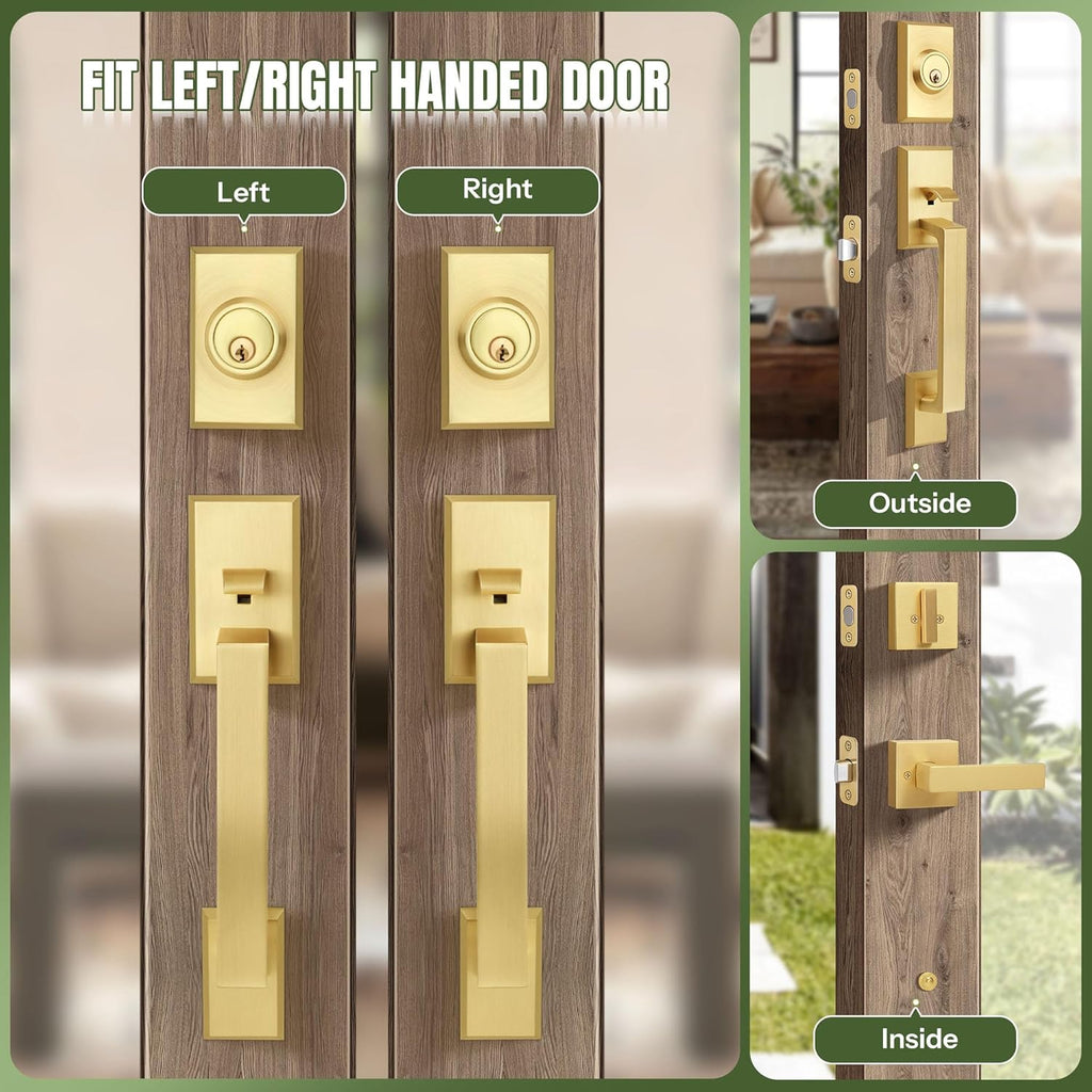 Brushed Gold Square Front Door Handle Set, Heavy Duty Entry Door Handleset with Keys
