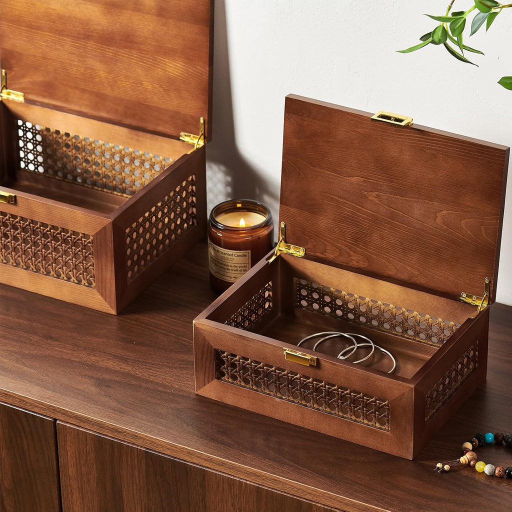 Decorative Rattan Storage Boxes Baskets with Lid Wooden Frame