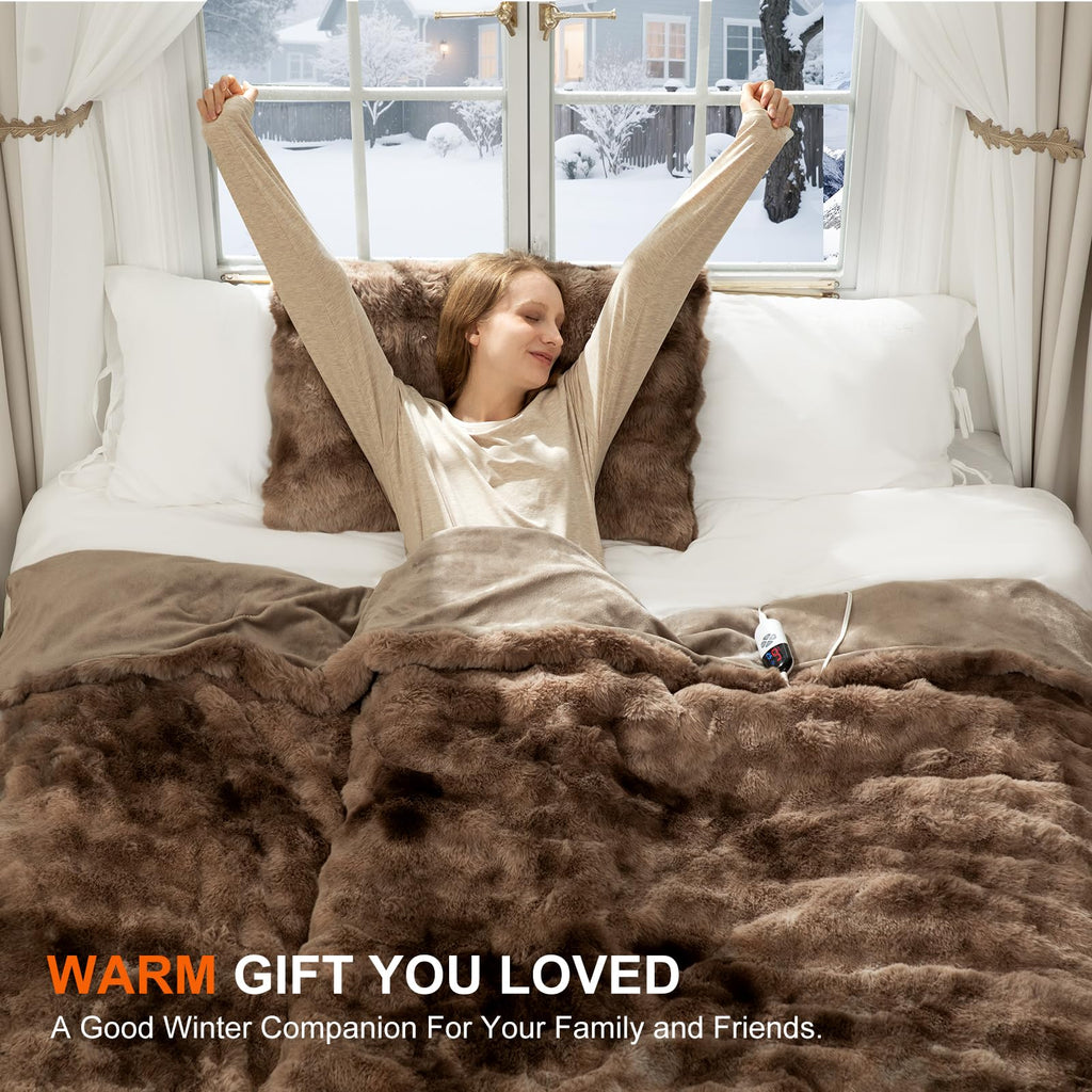 Faux Fur Electric Blanket for Women Gift, Tie-Dye Brown