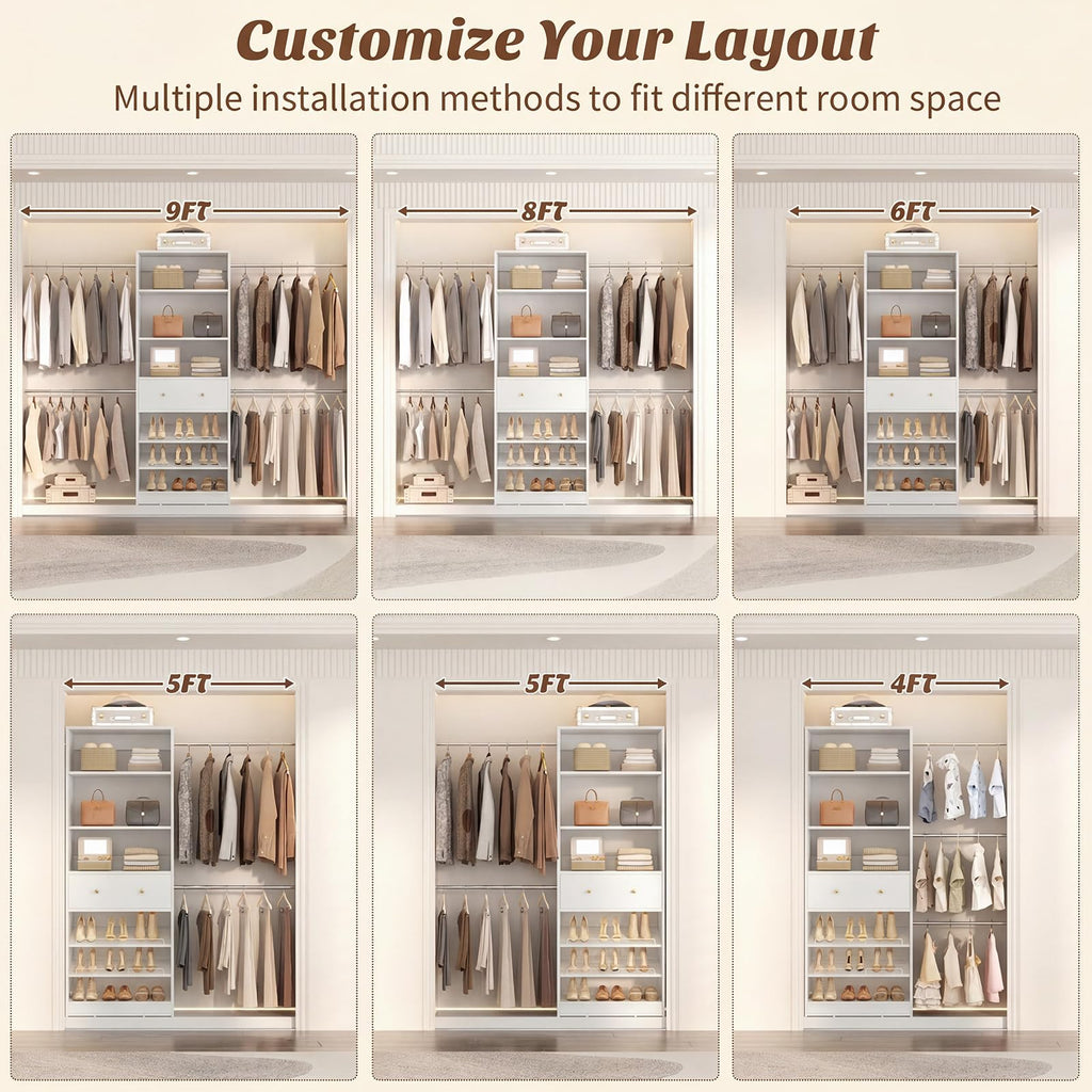 Wood Closet Organizer System - 4FT-9FT Expandable Wardrobe Closet with Drawer & 4 Hanging Rods, Heavy Duty Walk-in