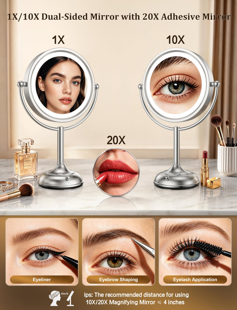 2026 Upgraded 20X lighted makeup mirror with magnification, 9" 1X10X Magnifying Mirror with 3 Color Modes &