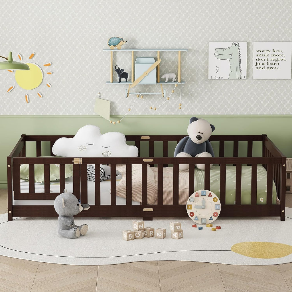 Twin Floor Bed with Fence & Slats, Rubber Wood Montessori Floor Bed Frame with Full-Length Guardrails & Removable