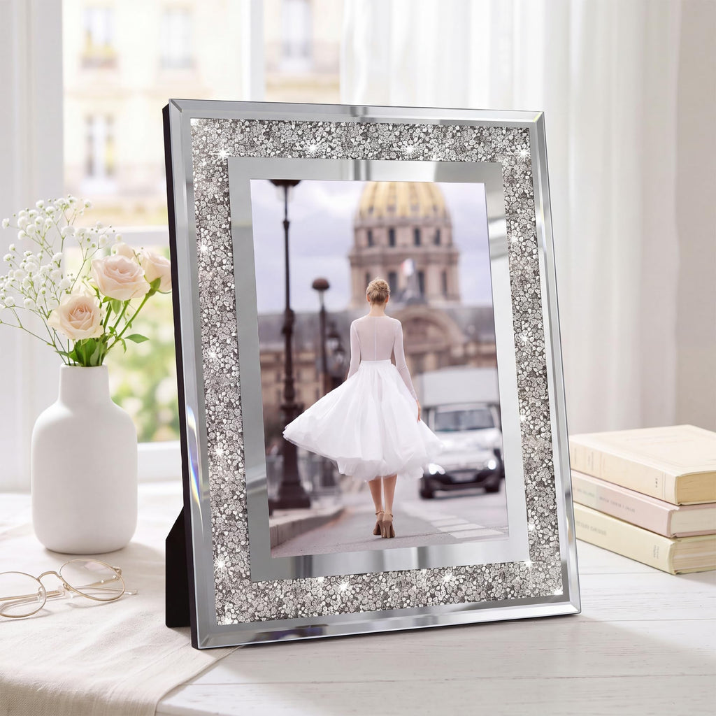 8x10 Picture Frame Glass Crushed Diamond Sparkle Photo Frames 2 Pack, Crystal Silver Mirror Frame Decor, Wedding Gift