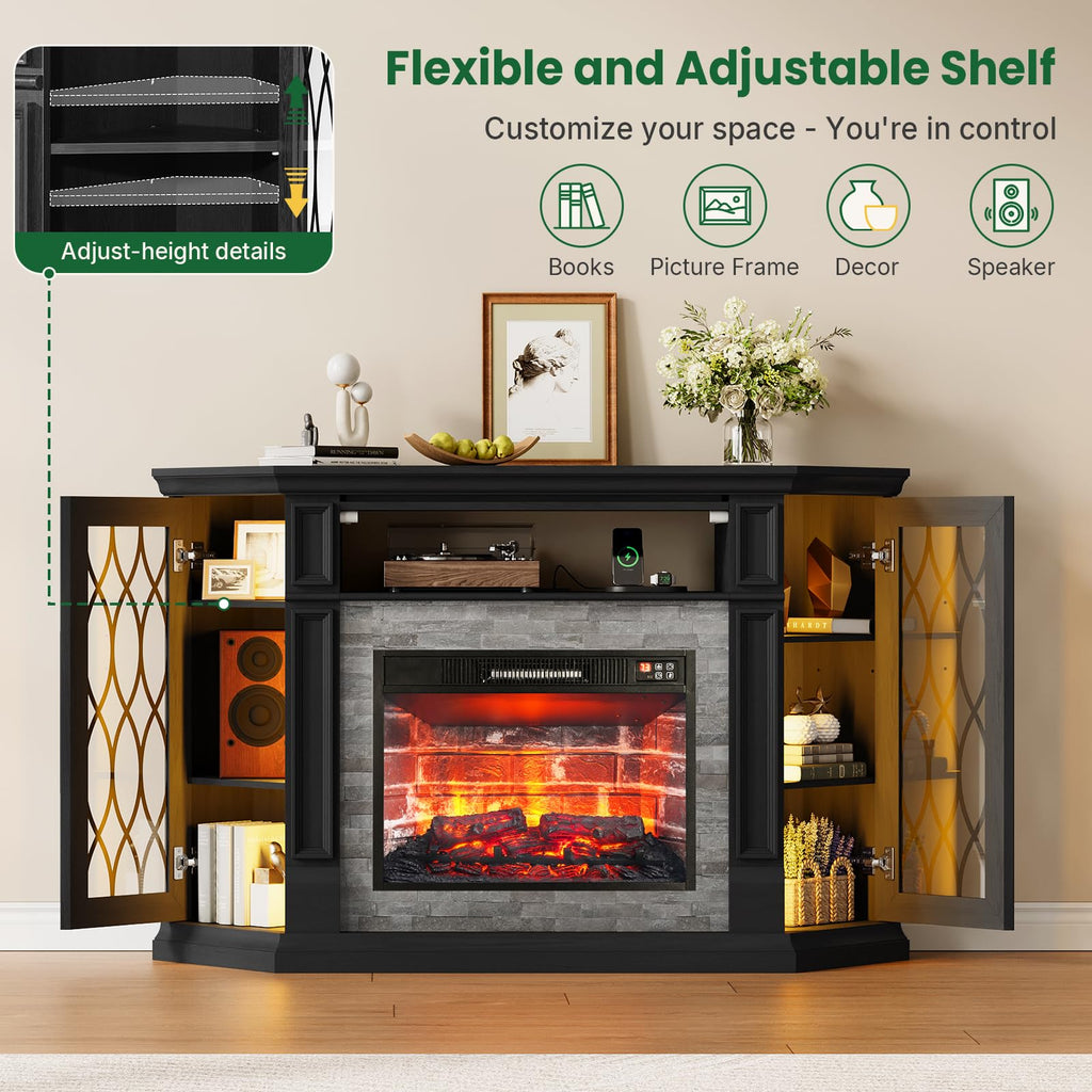 56" Corner for 65-Inch TVs with Storage, Black