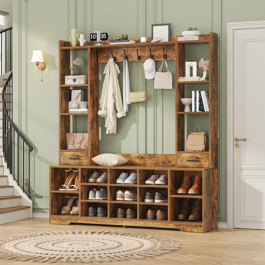 61.6" Farmhouse Hall Tree with 2 Independent Drawers, 6-in-1 Entryway Bench with Coat Rack Adjustable Shoe Storage for