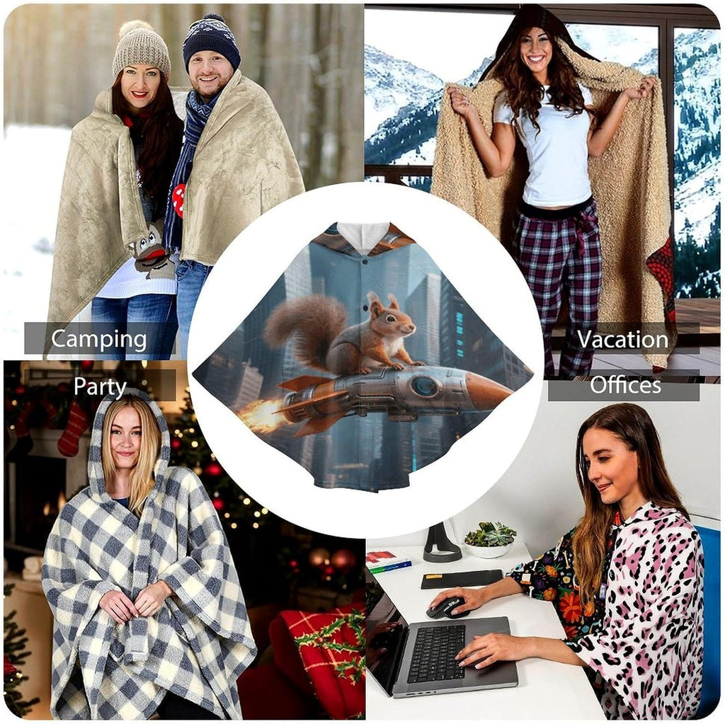 Rocket Squirrel Wearable Blanket Hoodie Flannel Hooded Blanket | Sweatshirt Oversized Cozy Sweater Gift