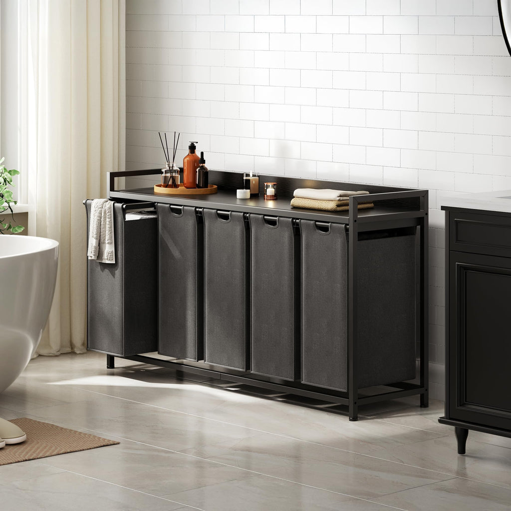 Laundry Hamper with Shelf, Laundry Basket 5 Section, Laundry Sorter with Pull-Out Removable Large Bags and Movable