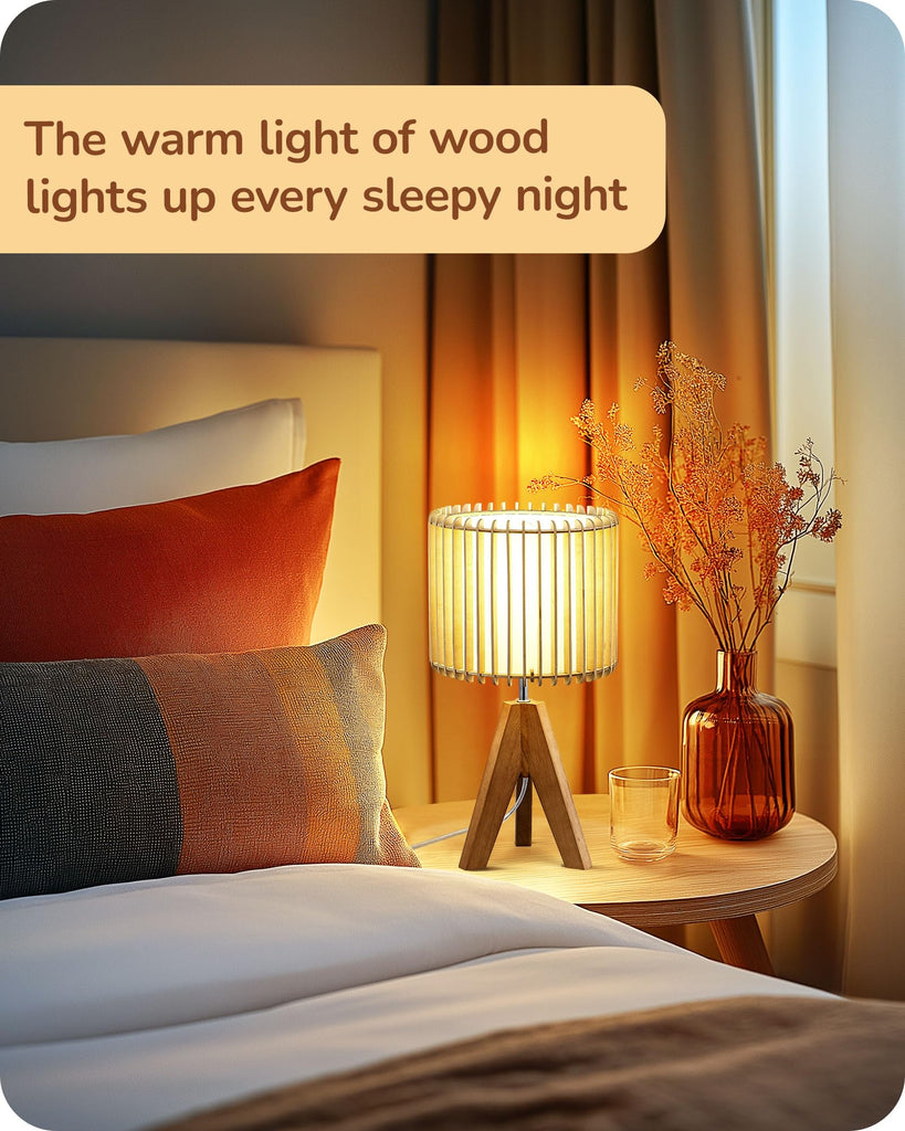 14.17" Small Table Lamp, Wood-Colored Hollow Shade, E26 Base