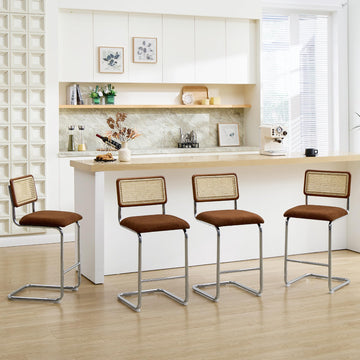 26" Mid-Century Rattan Counter Height Bar Stools, Brown, Set of 4