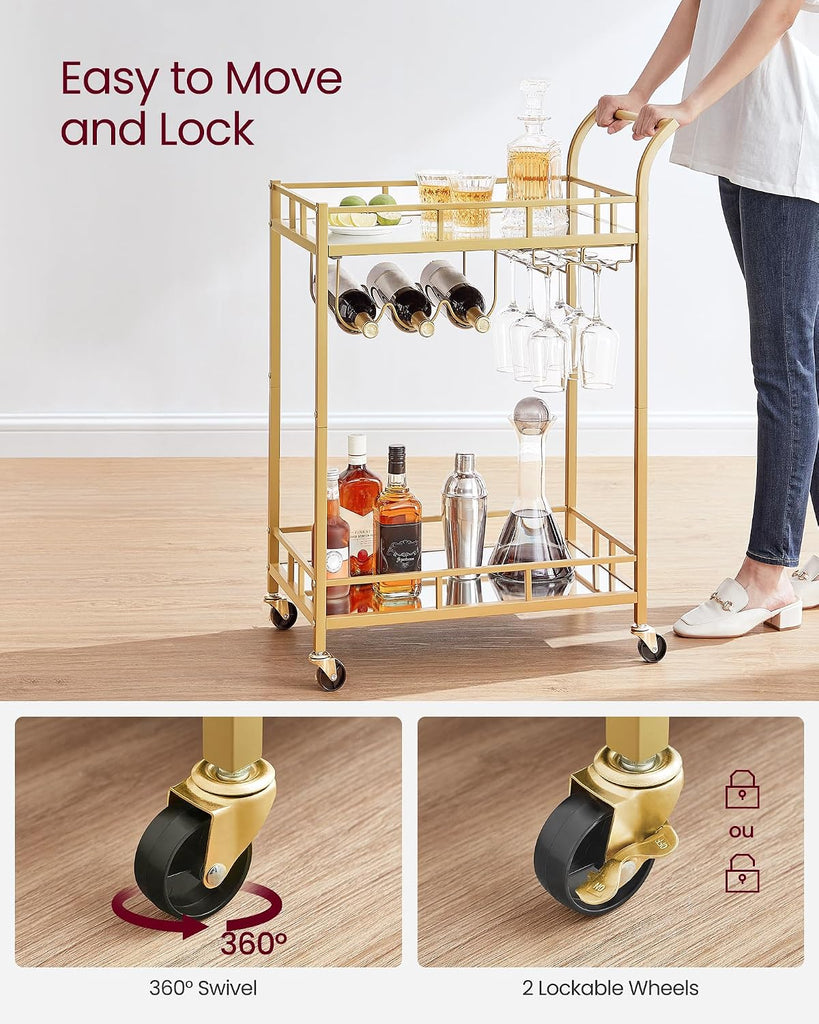 Bar Cart Gold, Home Bar Serving Cart, Wine Cart with 2 Mirrored Shelves, Wine Holders, Glass Holders, Gold ULRC092A62