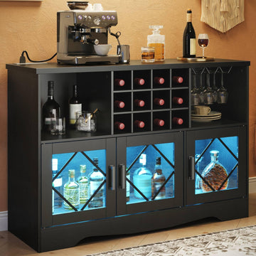 Bar Cabinet with Power Outlet, Modern Liquor Cabinet with Wine Rack & Glass Holder, Freestanding Wine Bar Cabinet