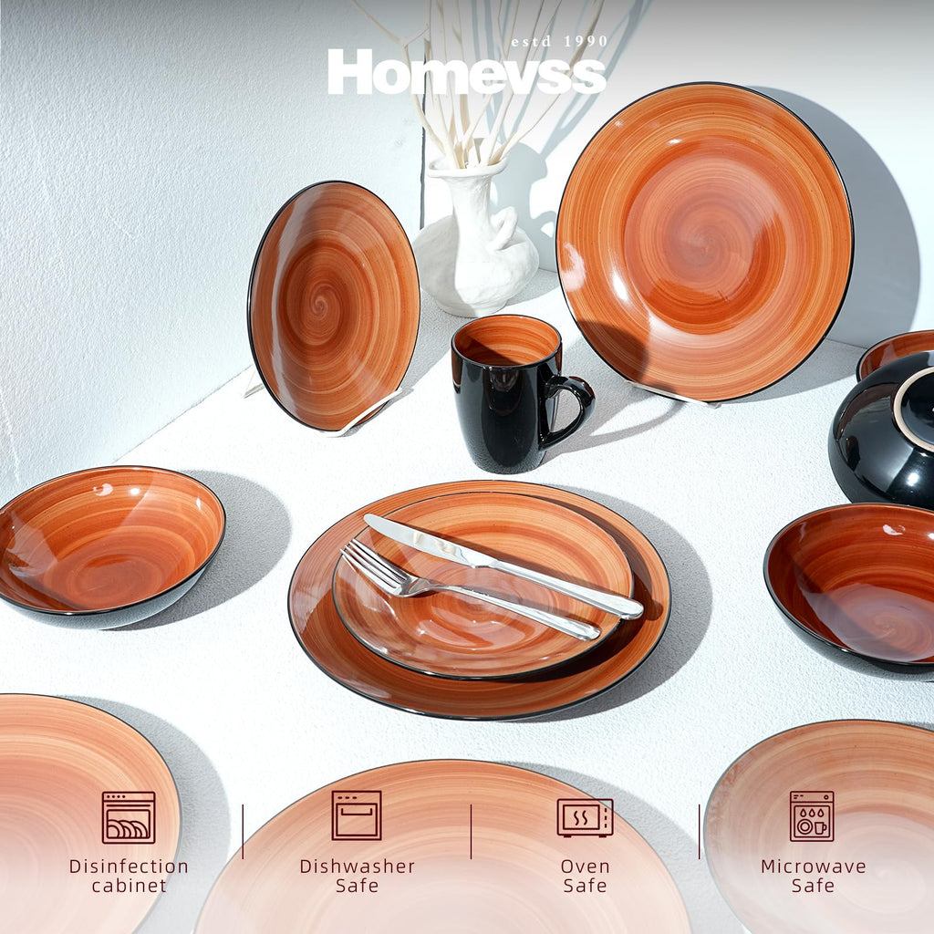 Sonoma Stoneware Dinnerware Set, outside Black plus inside Hand Painting Color, 16pc Set, Spice